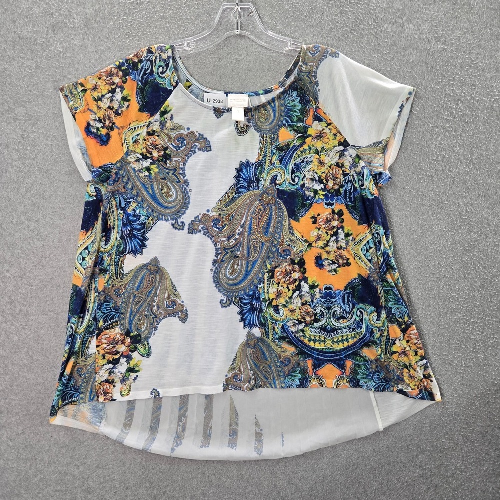 Chico's Women Top 1 white Paisley Shirt Short Sleeve Hi Low Hem